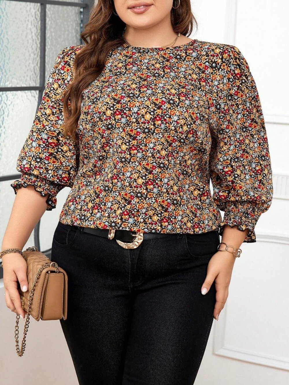 Multicolor Boho Women's Plus Size All Over Floral Printed Lantern Sleeve Blouse